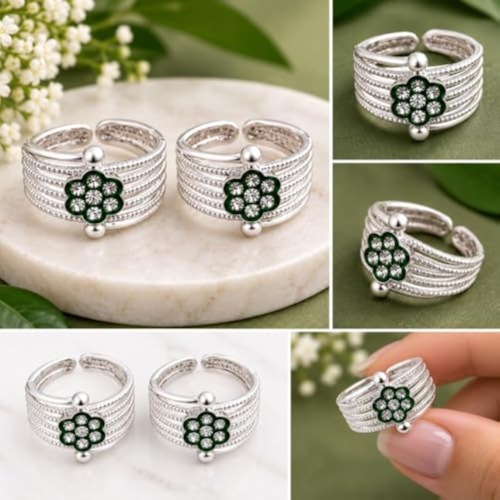 Green Floral Silver-Tone Open Cuff Toe Ring Set for Women and Girls